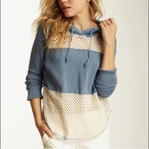 Free People Crochet Panel Blue Pullover Hoodie Sweatshirt Medium